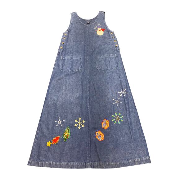 90s Vintage Jane Ashley Denim Jumper Dress Christmas Embroidered Snowman Teacher - Picture 1 of 10